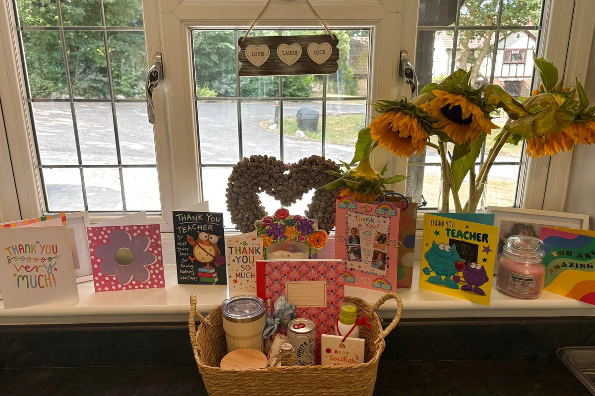 Thank you cards and gifts from families on a windowsill