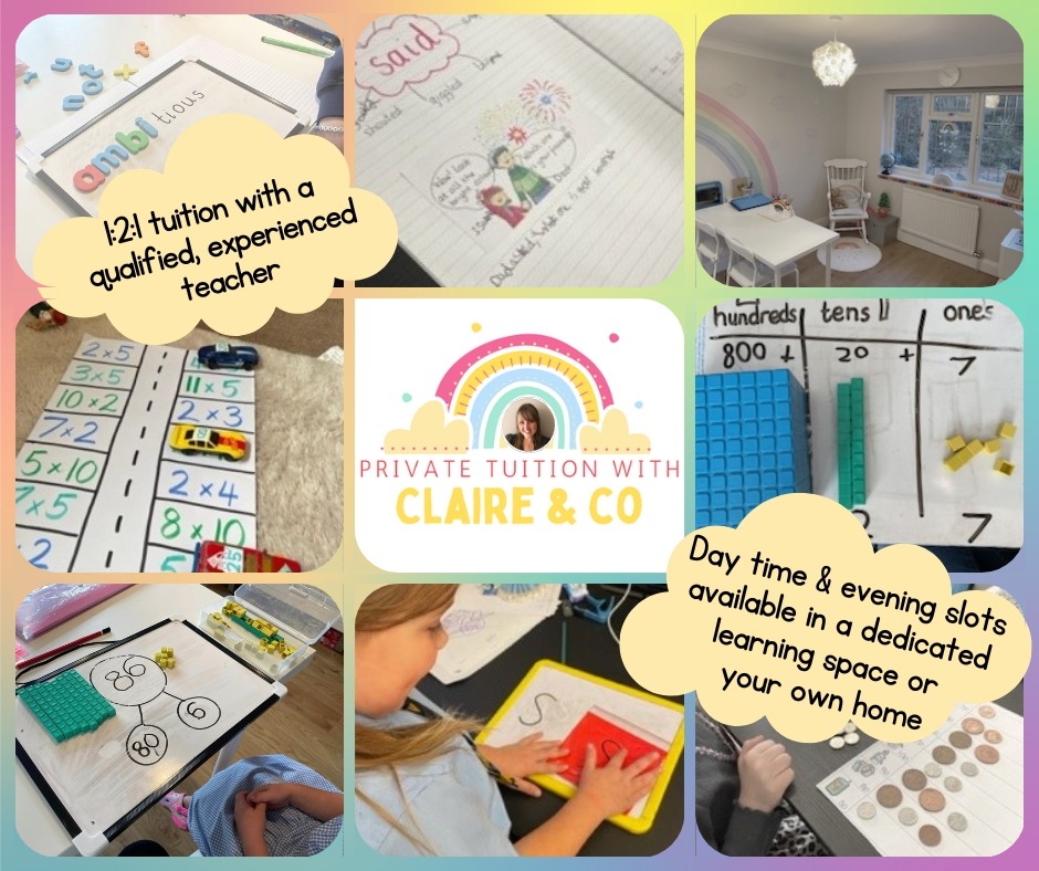 A collage of our tuition sessions: phonics, times tables, number bonds and our dedicated learning space